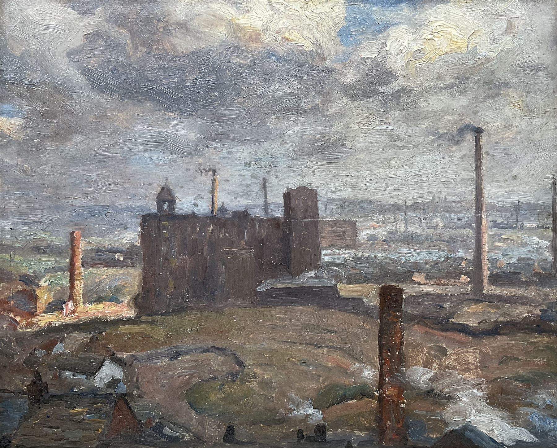 Frederick William Jackson (Staithes Group 1859-1918): 'Factory Land', oil on panel, signed and titled verso 31cm x 38cm