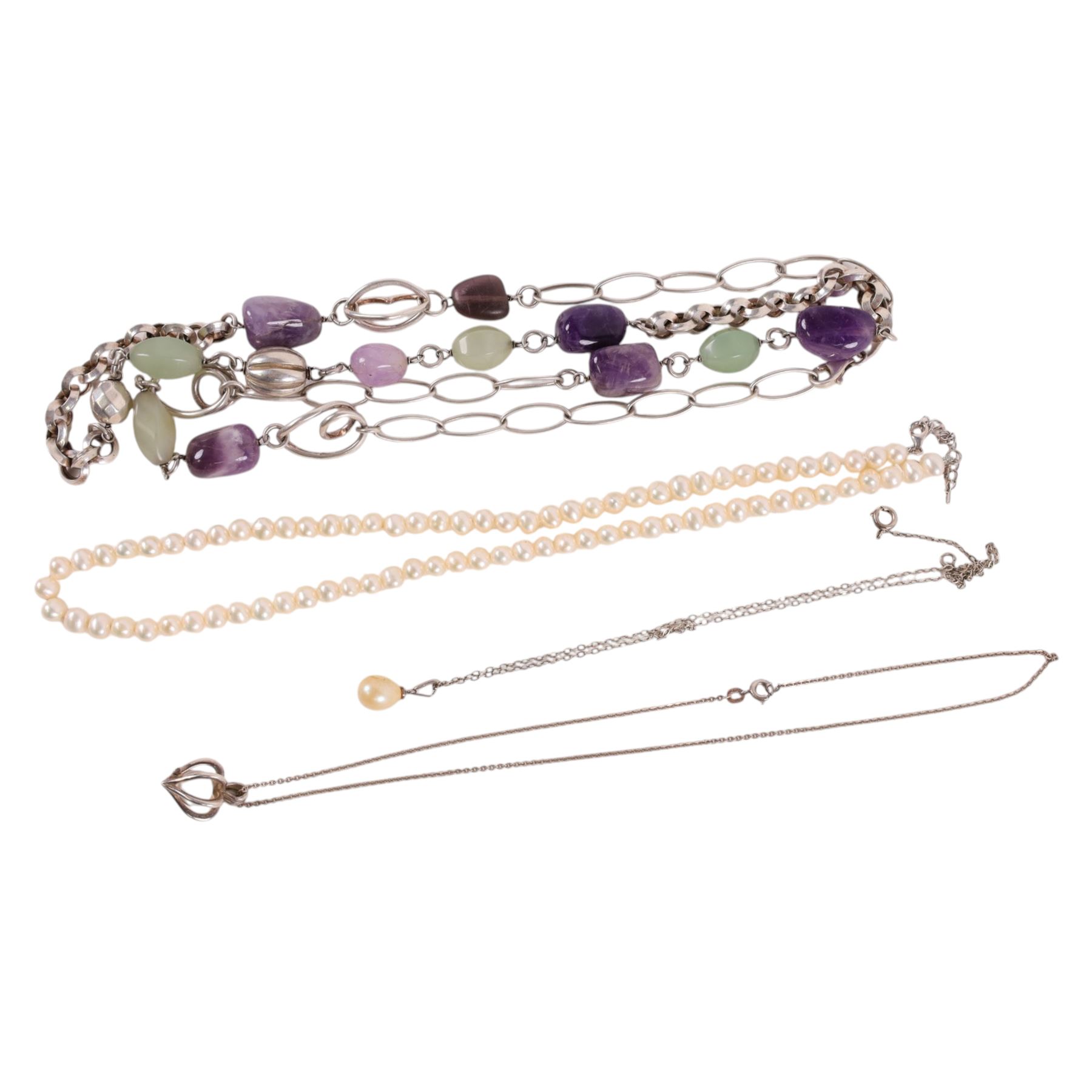 Silver and silver stone set jewellery, including cultured pearl necklace, rings, pendants, etc
