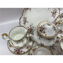Royal Albert Cottage Garden pattern tea service for six people, comprising teapot, milk jug, sugar bowl, teacups and saucers, side plates and cake plate, all with printed mark beneath