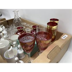 Murano glassware; Coalport and other figures; cut glassware including two decanter sets; drinking glasses; small collection of table bells; royalty commemorativeware etc