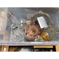 Three boxes of glass to include cranberry examples, jelly moulds and paperweights