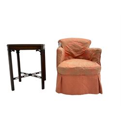 Georgian design mahogany occasional table, canted corners over pierced X-frame base, and a Victorian tup shaped upholstered armchair (2)