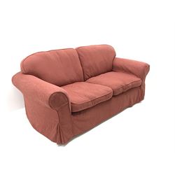 Chesterfield style three seat settee, upholstered in terracotta fabric