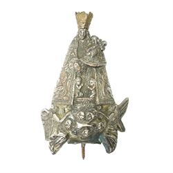 Italian olive wood plaque carved with a manger scene D13cm, continental silver plated processional finial formed as BVM and child and an Italian carved polychrome figure of a saint H15cm (3)