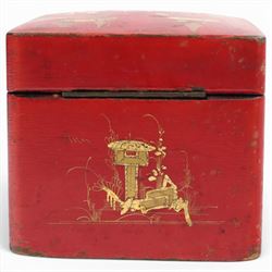19th century tea caddy, of sarcophagus form, the lid opening to reveal fitted interior, together with red lacquered tea caddy, largest H22cm  