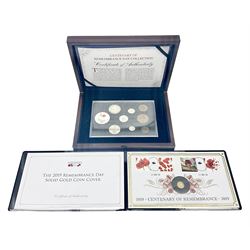 Queen Elizabeth II 2019 'Centenary of Remembrance' gold coin cover and a 'Centenary of Remembrance Day Collection' comprising King George V 1919 half crown, florin, shilling, sixpence, threepence, farthing, penny, and half penny, and a Queen Elizabeth II silver proof commemorative five pound coin, cased with certificate
