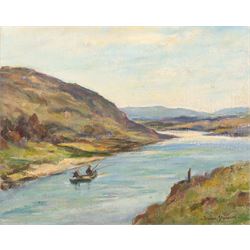 Owen Bowen (Staithes Group 1873-1967): Fishing Boat on a Vast Loch, oil on board signed 39...
