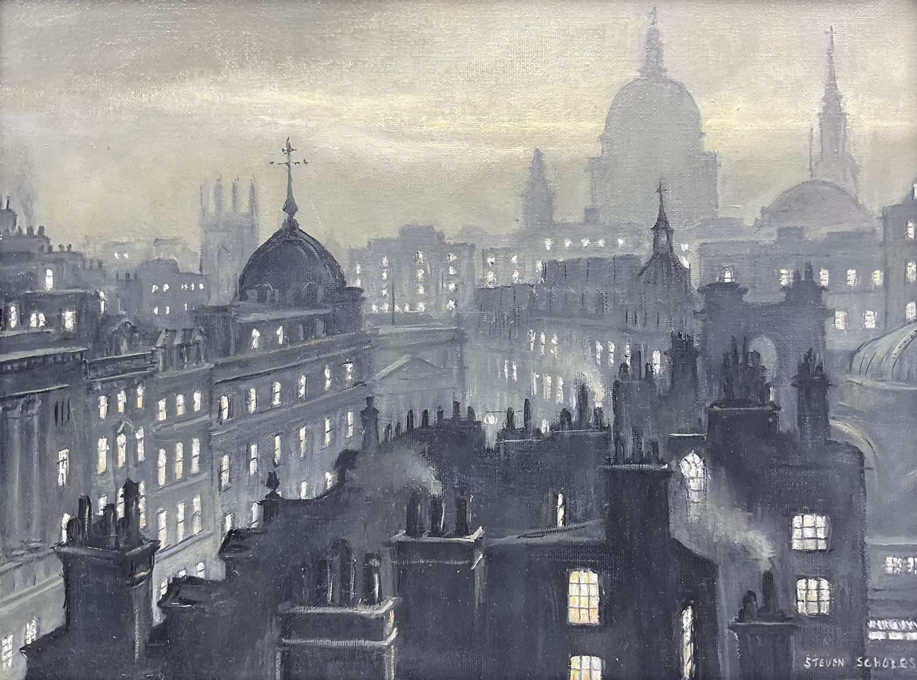 Steven Scholes (Northern British 1952-): 'City of London 1962', oil on canvas signed, titled verso 29cm x 39cm