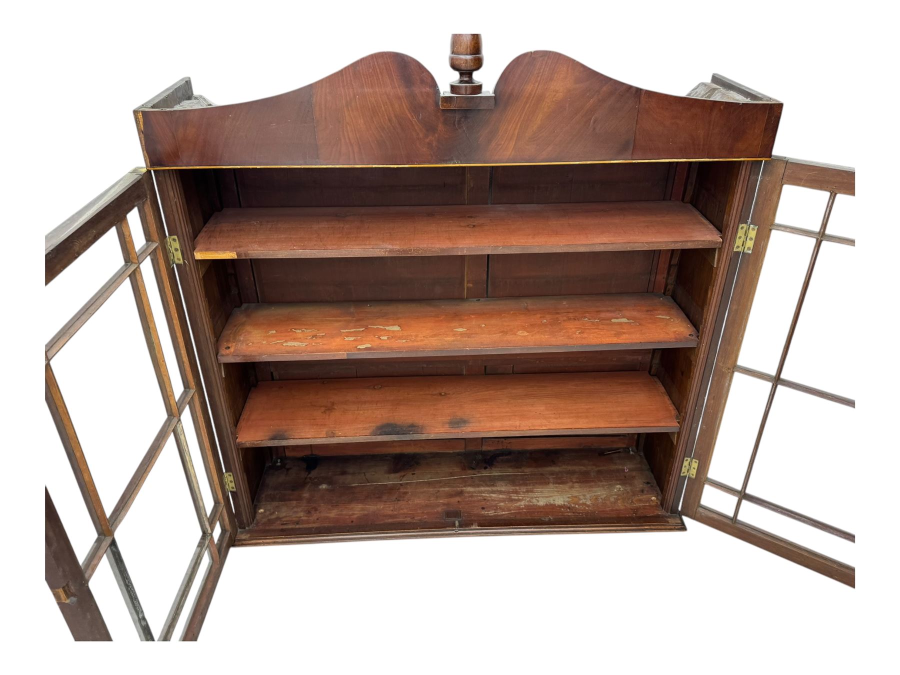 19th-century mahogany bookcase top with two glazed doors and pediment with acorn finial 