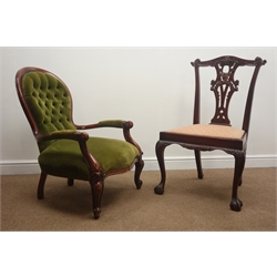  Victorian style walnut framed balloon back armchair, upholstered back and seat, cabriole legs (W68cm) and a Chippendale style mahogany dining chair (2)  