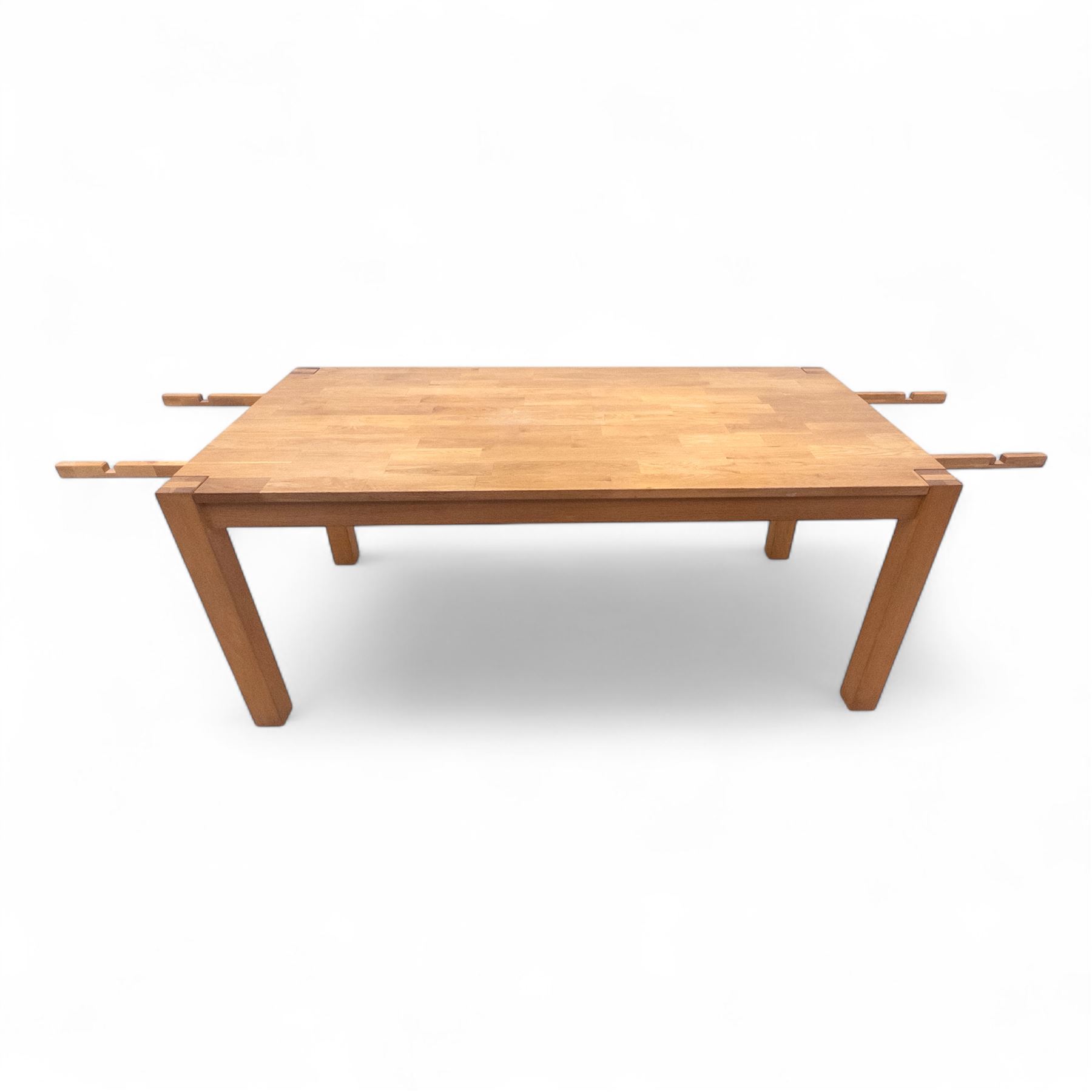 Contemporary solid oak rectangular dining table, with two additional extension leaves, together with eight matching high back dining chairs upholstered in cream suede-effect fabric (9) (Chair H 95cm, W 41cm, D 53cm) (Extends to 270cm)