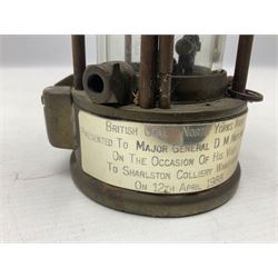 Miners Lamp The Protector, Eccles no 3533, with engraved plaque, H26cm