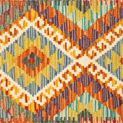 Afghan Maimana flatweave kilim and an Afghan Chobi flatweave kilim runner, with a repeating stepped diamond medallion design in ivory, green, rust, teal, purple, and indigo, framed by chevron and geometric borders, 153x50cm & 127x80cm, (2)