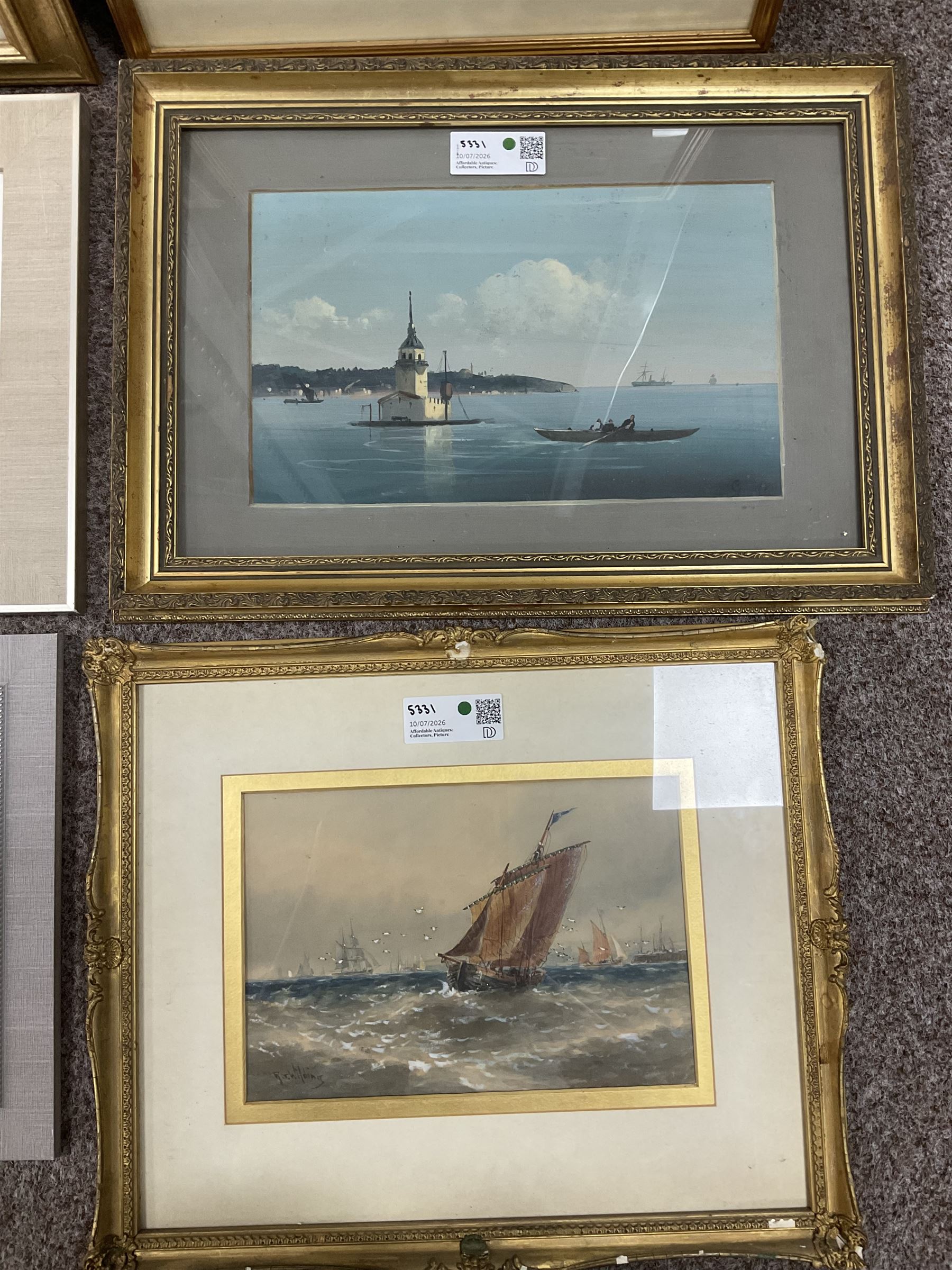 Collection of 20th and 19th Century watercolours and oils depicting shipping and coastal scenes, to include Edward H Simpson (British 1901-1989): Robin Hood's Bay in Summer and D Morrisey (English School 19th/20th Century): Anchored Ship, variously signed titled and dated max 22cm x 30cm (8)