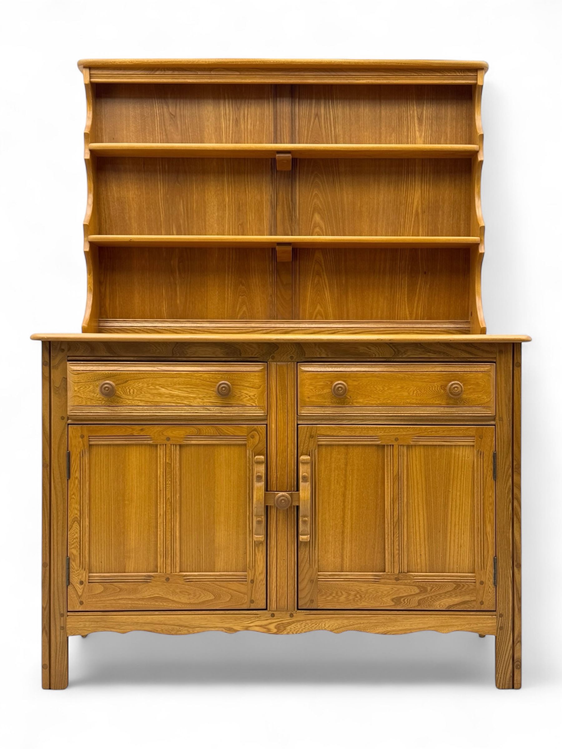 Ercol - golden dawn light elm dresser, plate rack above two drawers and two cupboard doors with sliding wooden lock mechanism 