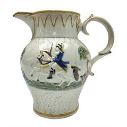 18th century Prattware jug, commemorating the Duke of York, moulded in relief with bands of stylised leaves, equestrian figures in landscape to the centre, H20cm