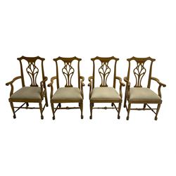 Set eight light oak Chippendale design carver dining chairs, shaped cresting rail with pierced and scrolled splat backs, upholstered seats with scrolling arm terminal, chamfered supports united by stretchers with pad feet