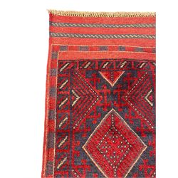 Meshwani red and blue ground runner, four lozenge medallions, overall geometric design 