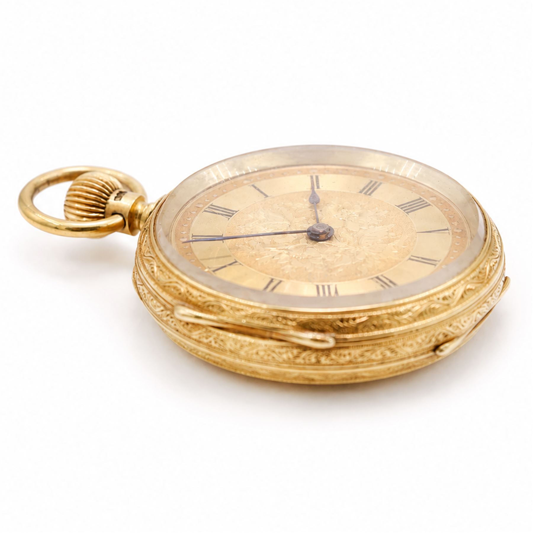 Victorian 18ct gold open face keyless lever presentation pocket watch, No. 44877, gilt dial with Roman numeral hour markers, engraved foliate case with empty cartouche, case makers mark W.S, Chester 1892