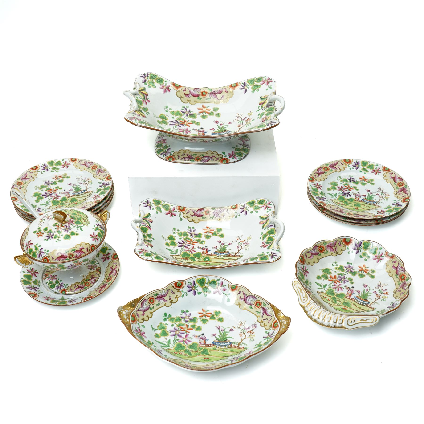 19th century Spode New Stone China dessert service, comprising sauce tureen with cover stand and ladle, large two handled serving dish and smaller example, two others, and seven plates, with chinoiserie decoration, impressed marks to bases 