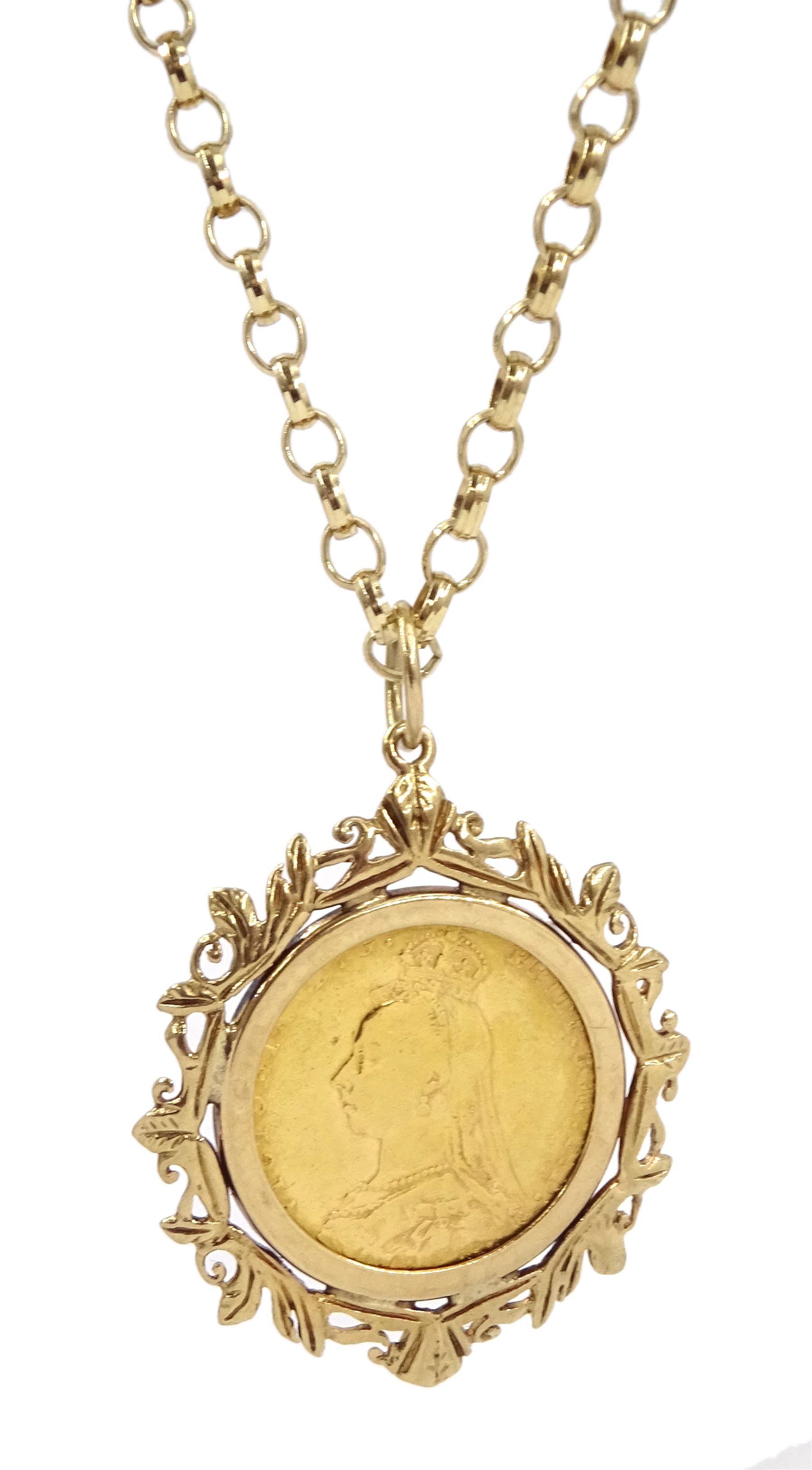 Queen Victoria 1891 gold full sovereign coin, loose mounted in gold pendant, on gold cable link chain necklace, both hallmarked 9ct