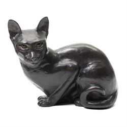 Two Seneshall bronzed resin cats, signed, W21cm and 23cm; together with a bronze effect mother and kitten , H10cm (3)