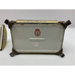 Modern oriental style ceramic chest, decorated with fruiting branches upon a yellow ground, with cast metal handle, feet and rim, H21cm
