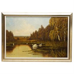 Frank Hider (British 1861-1933): Lake Landscape with Swans, oil on canvas signed and dated 1894, 50cm x 75cm