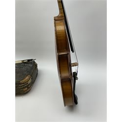 French Mirecourt violin c1920s with 36cm one-piece maple back and ribs and spruce top, labelled Jermone Thibouville-Lamy, L59cm, in fitted carrying case with German bow and 1984 valuation certificate by Frome Valley Music