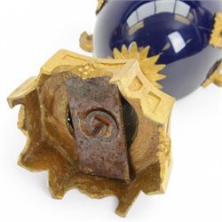 19th century Sevres style ormolu mounted porcelain twin handled urn, the body decorated with a gilt crowned crest of three fleur de lis against a cobalt ground, with spurious Sevres mark beneath, H26cm
