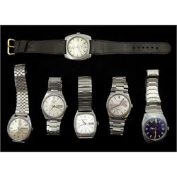 Six gentleman's automatic wristwatches including Seiko 5, Waltham, Accurist, Ingersoll, Sekonda and Jaquet-Droz