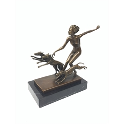 After 'Lorenzl', Art Deco style bronze figure modelled as a lady with three dogs, raised upon a marble base, including base H23cm, W10.5cm, L22cm
