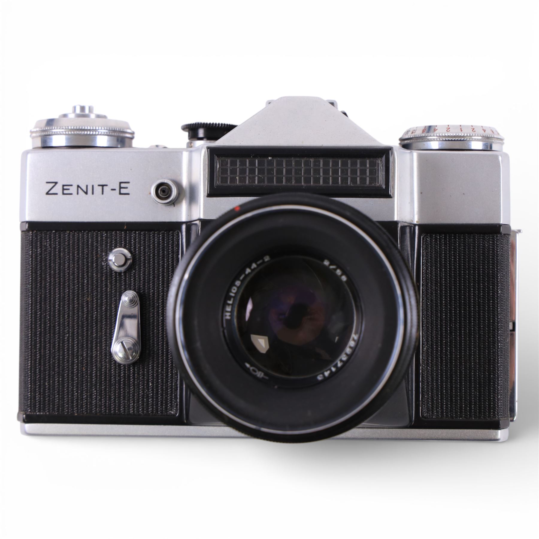 Asahi Pentax Spotmatic 35mm SLR camera, with Super-Takumar 1:1.8/55 lens, Petri Racer rangefinder camera and a Zenit-E camera, all in leather cases