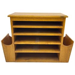 Craftsman made oak magazine table or HI-FI stand, moulded rectangular top over four shelves, flanked by two projecting holders