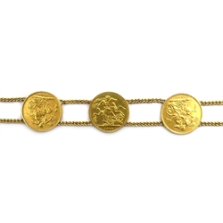  Six gold full sovereign bracelet, with 18ct gold (tested) interlinks and clasp  