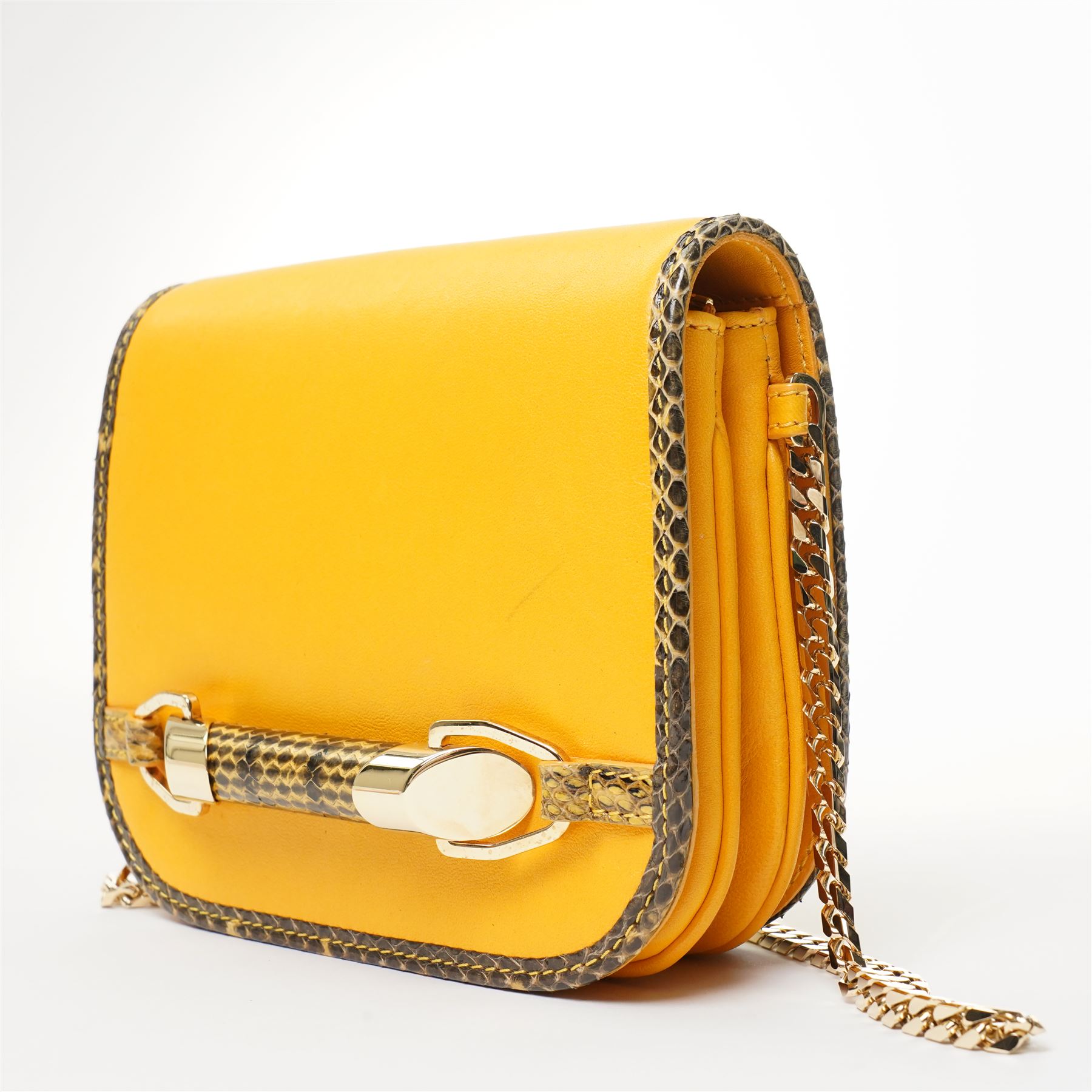 Jimmy Choo - ‘Shadow’ Mini Bag, introduced circa 2016, in mustard yellow leather with python trim and gold-tone chain shoulder or crossbody strap and hardware, unused with original dust bag