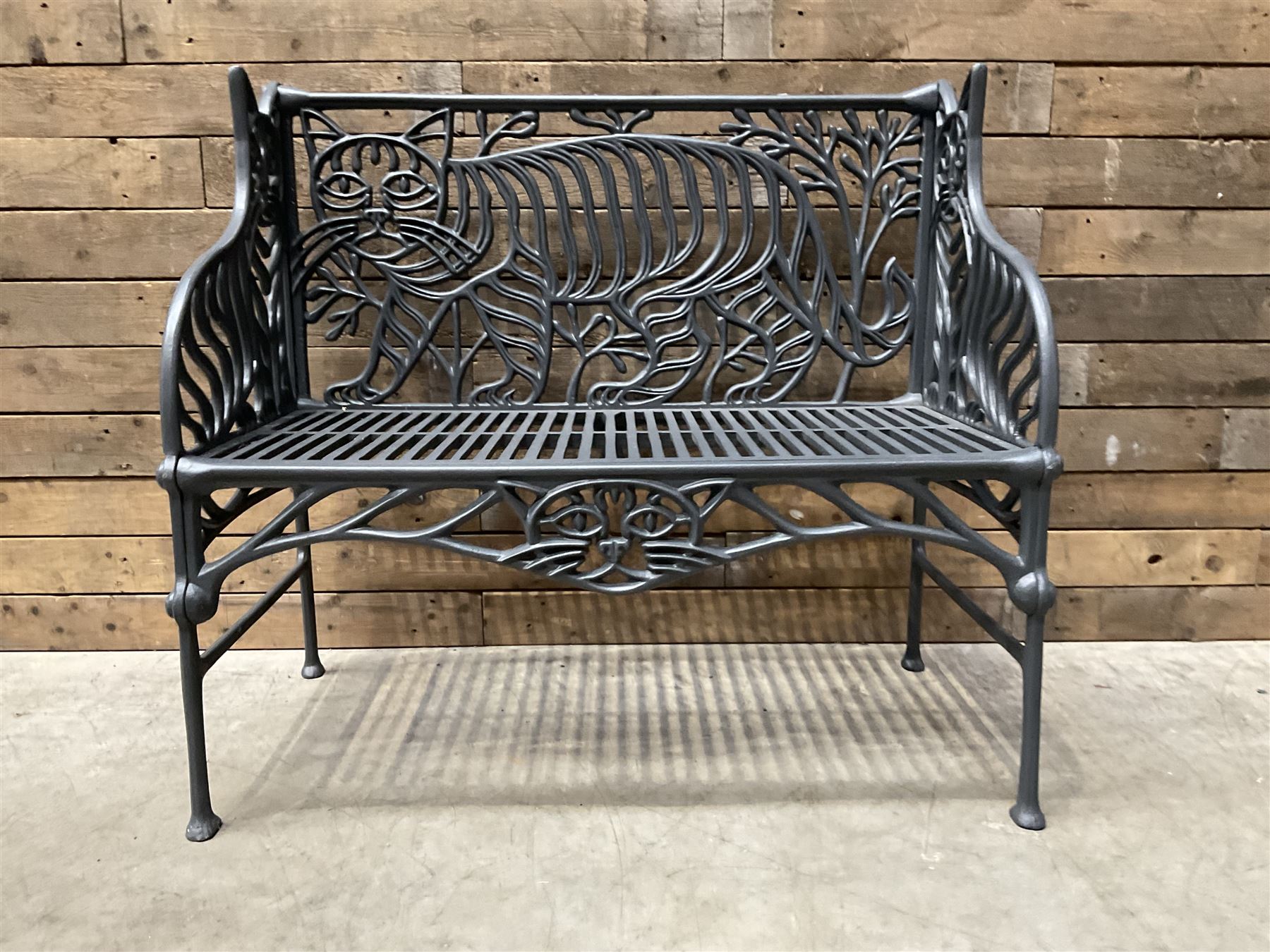Richard Bawden (1936-2024); - Cat design painted cast iron garden bench