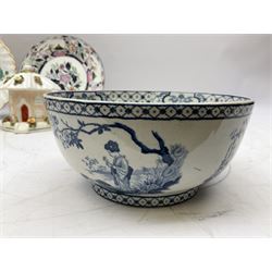 Mid 18th century Chelsea plate with gold anchor mark beneath, decorated with green floral sprays upon plain ground, the moulded cavetto shaped border with gilt rim, (A/F), D22cm, together with early 20th century Adams Tunstall Tokio pearlware slop bowl, Spode plate decorated in the Imari type pallette, with impressed and printed marks beneath, 19th century Indian Tree pattern breakfast cup and saucer, small polychrome enamelled vase and cover in the style of Samson of Paris, with marks beneath, and a pastille burner