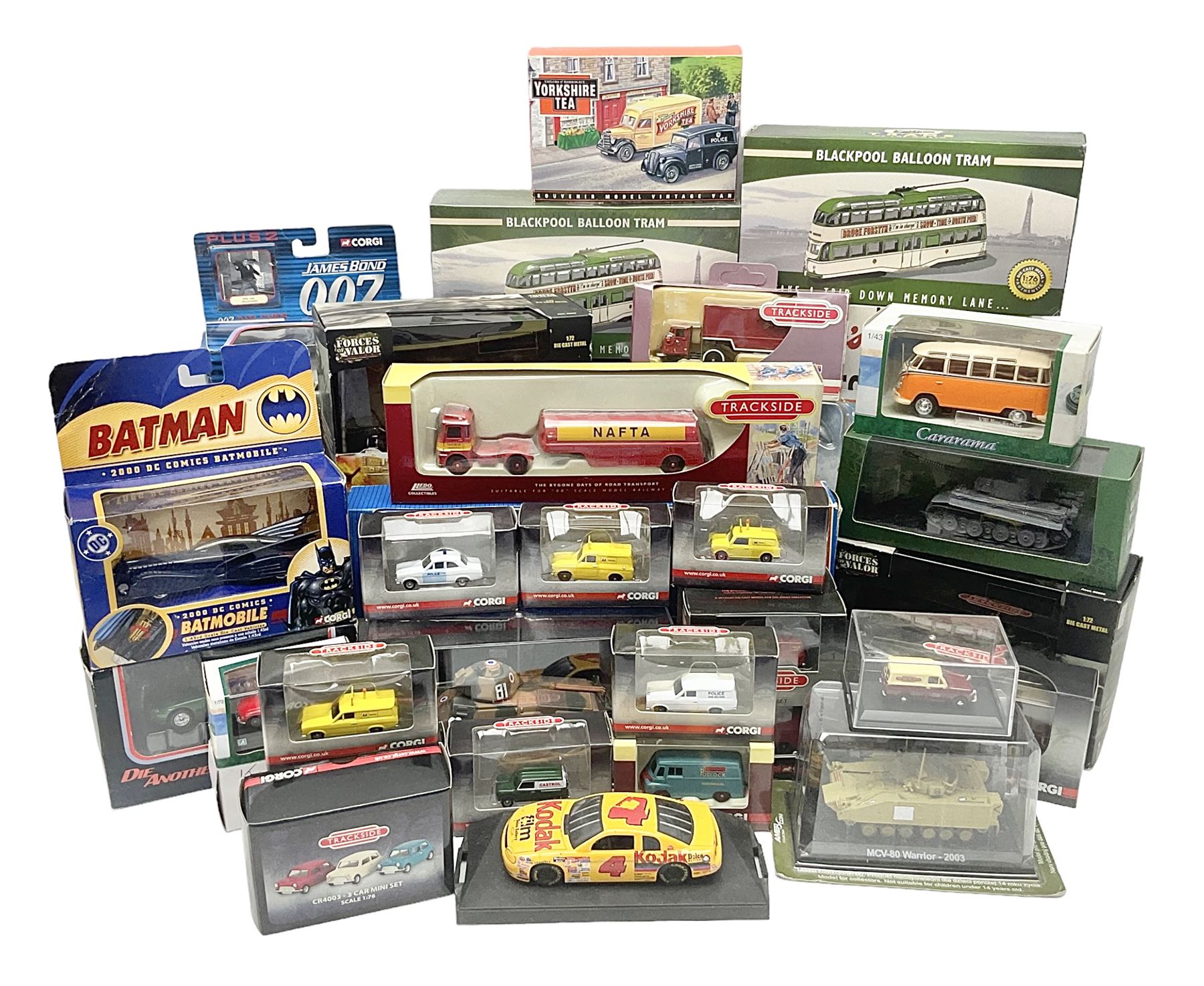 Thirty-eight modern die-cast models/sets  including Corgi and Lledo 1:76 scale Trackside vehicles; Unimax, Atlas and other tanks; TV & film related; advertising and promotional; QEII 80th Birthday etc; all but one boxed (38)