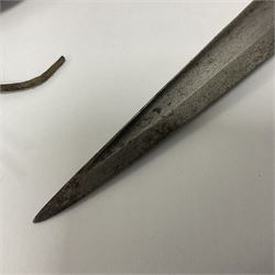 Afghan Khyber knife (Choora), blade engraved along the top edge with ornate brass and bone grip, with leather scabbard, overall L31cm, blade L20cm