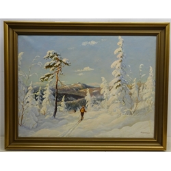 Harald Bjerved (Norwegian early 20th century): Skiing in the Mountains, oil on canvas signed 59cm x 79cm and Rural River Scene, oil on roller blind by the same hand signed 49cm x 79cm (2)  