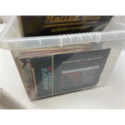 Large quantity of vinyl LPs, predominantly rock and pop, to include Elvis, Elton John, The Kinks, Deep Purple, Eurythmics, Whitney Houston, Phil Collins, Rolling Stones etc, in three boxes, together with quantity of 45 rpm records, Steepletone SRP1R-11 record player and record carry case