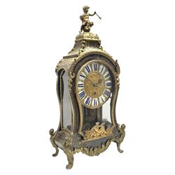 18th/19thcentury French Rococo Boulle bracket clock in the Louis XIV style, shaped case with putto pediment over a glazed door, detailed circular gilt dial set with 12 enamel cartouche panels with blue Roman numerals, case decorated with finely cut inlaid pierced brass work representing scrolled foliage and blossoms with foliate scrolling mounts, single train 8-day movement with a recoil anchor escapement striking on three bells with pull repeat, shaped movement plates with four tapering conical pillars, inscribed 'Brodon A Paris'