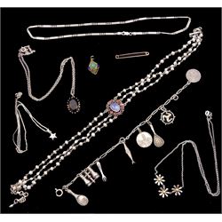 Silver and stone set jewellery including smoky quartz pendant necklace , charm bracelet, flower link necklace, pearl labourite choker and two other silver necklaces and a 9ct gold bar brooch, hallmarked 