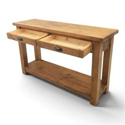 Indigo Furniture - rustic oak console table, two frieze drawers metal cup handles, stile supports with full length undertier