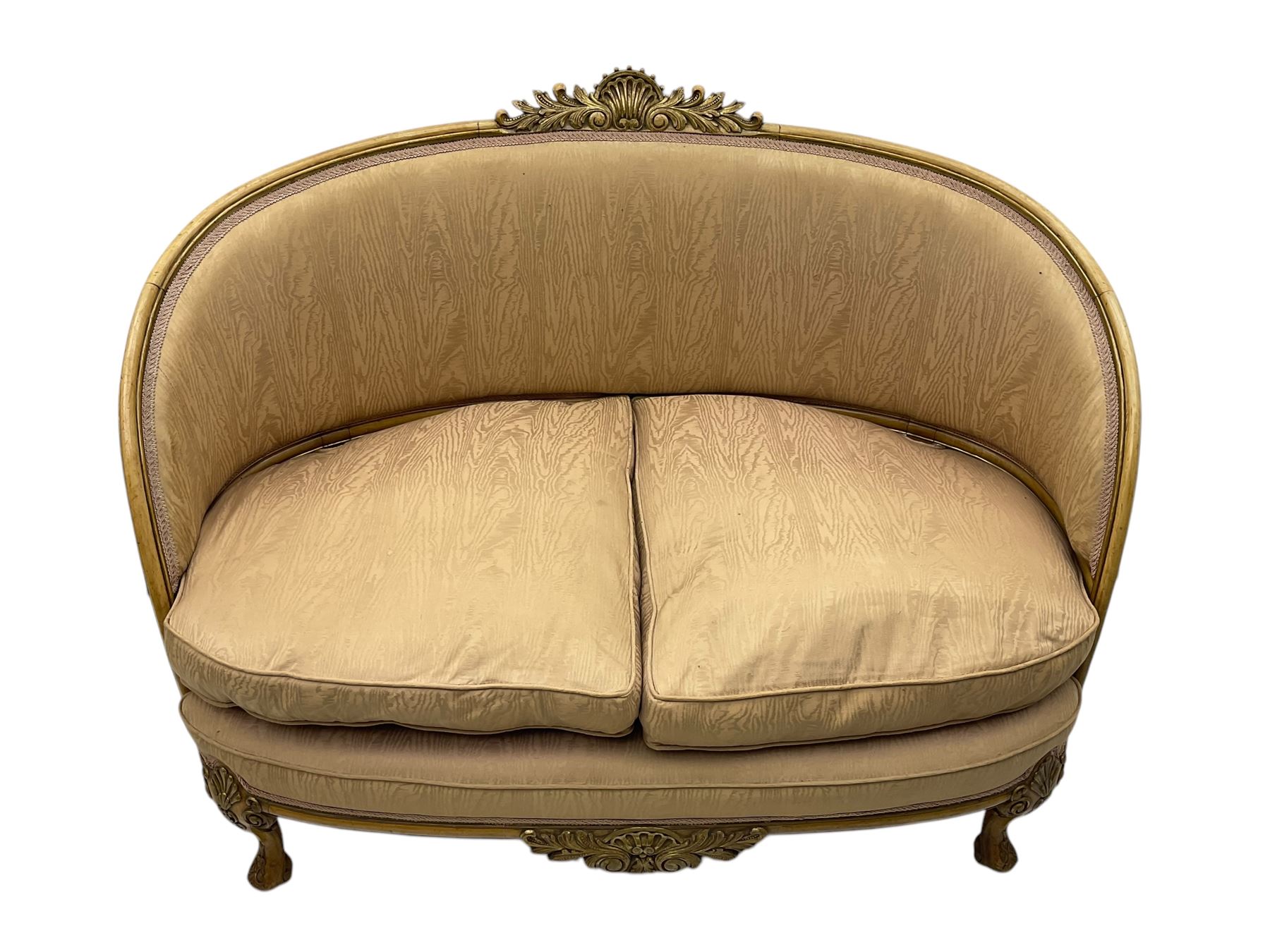 French Louis XV design walnut framed sofa, tub-shaped upholstered back with gilt foliate carved crest, padded seat with twin loose cushions, raised on cabriole supports with shell and acanthus leaf carvings