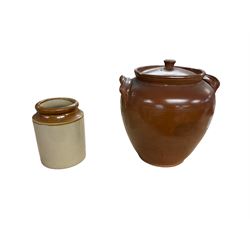 Large Victorian salt glazed jar and cover with twin lug type handles, together with a stoneware open jar, largest example H31.5cm