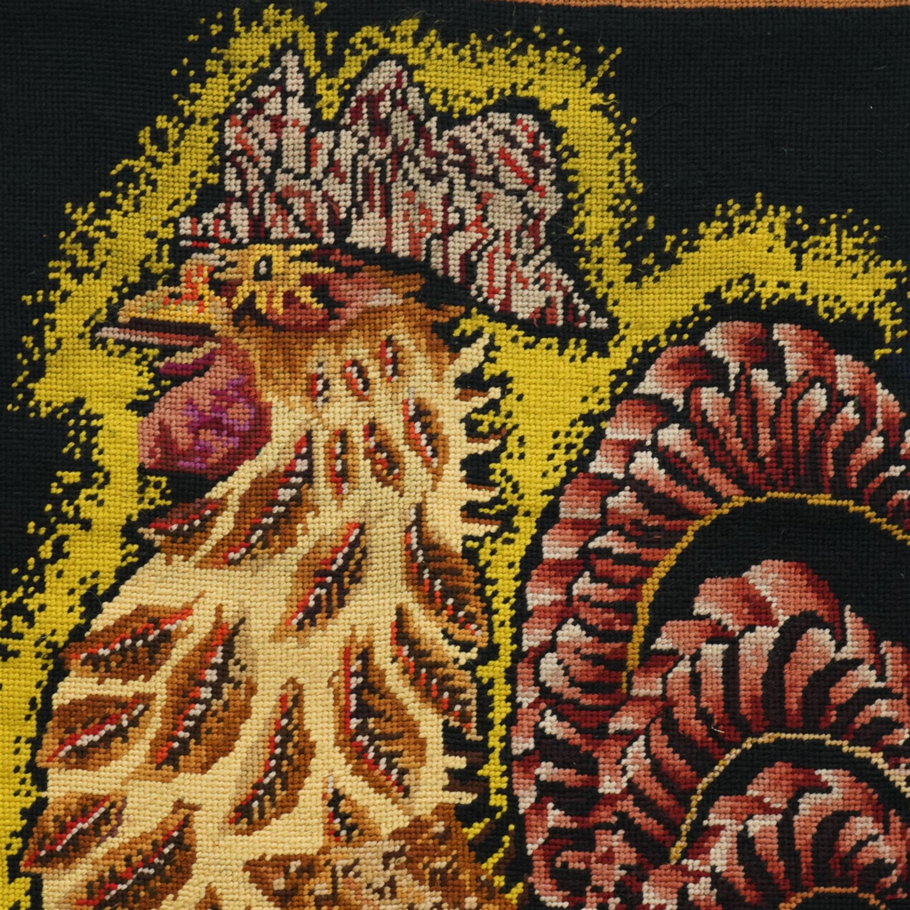 Large mid-20th century hand-knitted and hand-dyed wall hanging tapestry, depicting a Cockrel, 160cm x 89cm