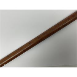 19th century malacca walking cane, the screw threaded domed cover opening to reveal vacant recess, above a further screw threaded opening revealing a removable glass vial with stopper, glass vial L41cm, cane L89.5cm