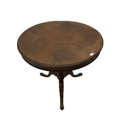 George III mahogany tripod table, circular moulded top with skirt, on hinged box mechanism, turned column with three splayed supports